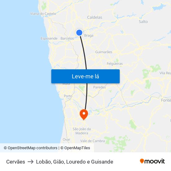 Cervães to Lobão, Gião, Louredo e Guisande map