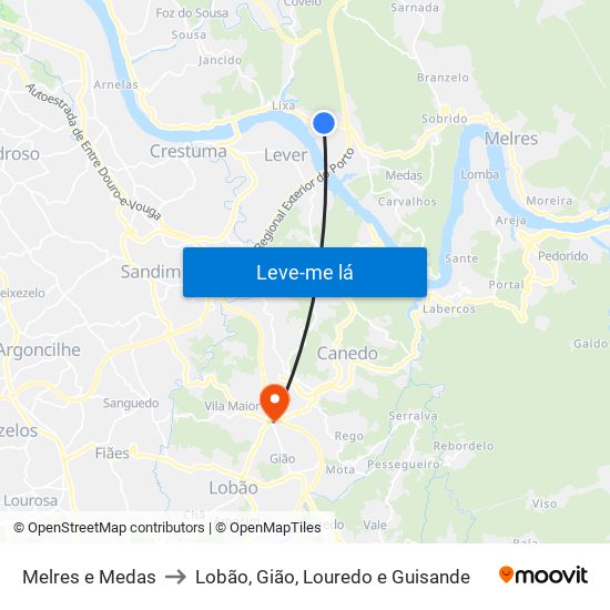 Melres e Medas to Lobão, Gião, Louredo e Guisande map