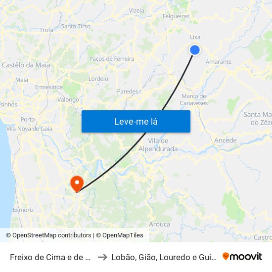 Freixo de Cima e de Baixo to Lobão, Gião, Louredo e Guisande map