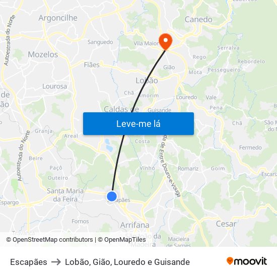 Escapães to Lobão, Gião, Louredo e Guisande map