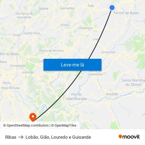 Ribas to Lobão, Gião, Louredo e Guisande map