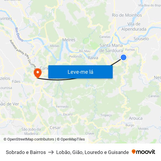 Sobrado e Bairros to Lobão, Gião, Louredo e Guisande map
