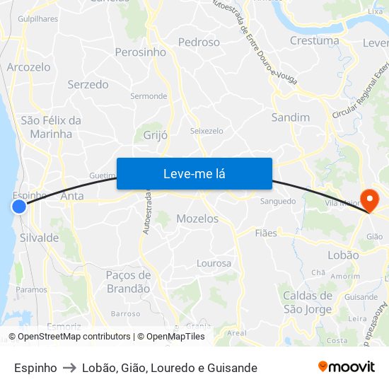 Espinho to Lobão, Gião, Louredo e Guisande map