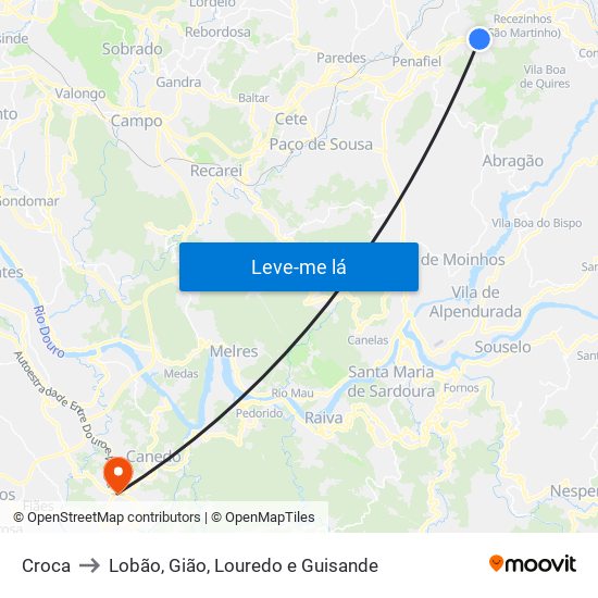 Croca to Lobão, Gião, Louredo e Guisande map