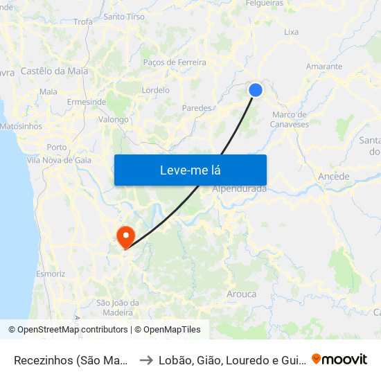 Recezinhos (São Mamede) to Lobão, Gião, Louredo e Guisande map