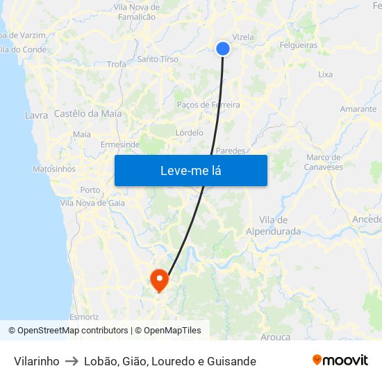 Vilarinho to Lobão, Gião, Louredo e Guisande map