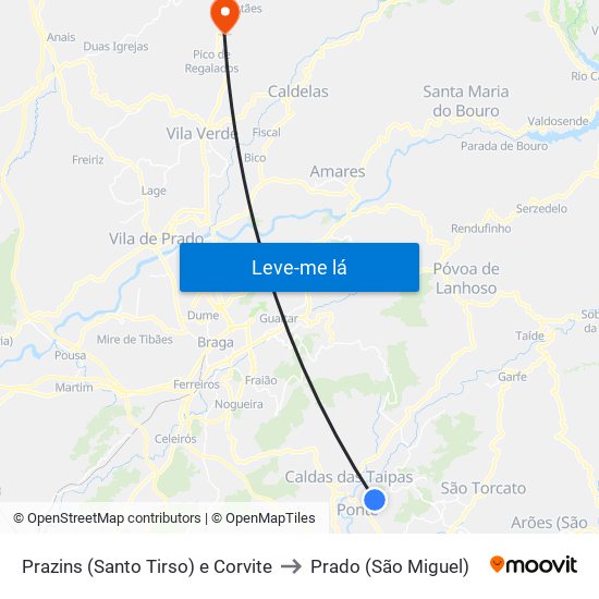 Prazins (Santo Tirso) e Corvite to Prado (São Miguel) map
