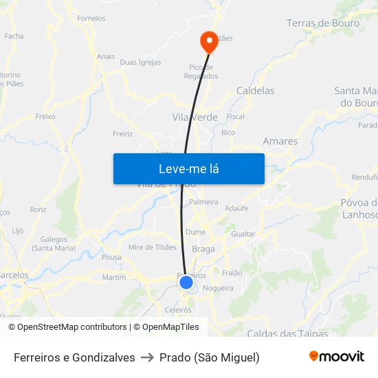 Ferreiros e Gondizalves to Prado (São Miguel) map