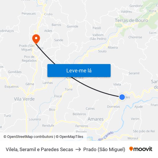 Vilela, Seramil e Paredes Secas to Prado (São Miguel) map