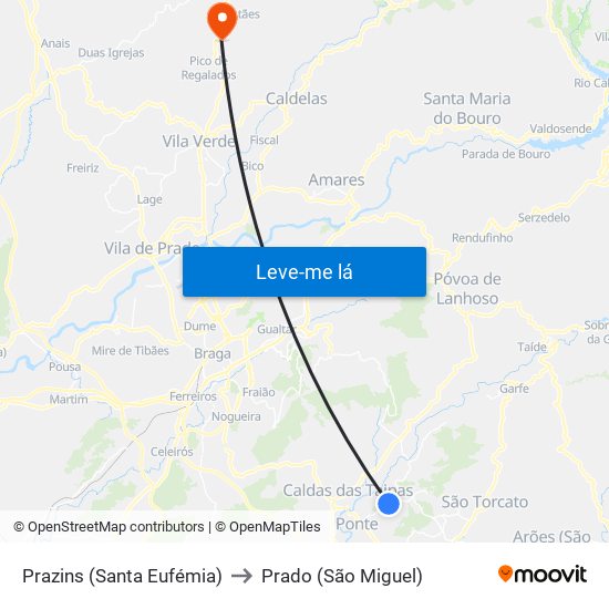 Prazins (Santa Eufémia) to Prado (São Miguel) map