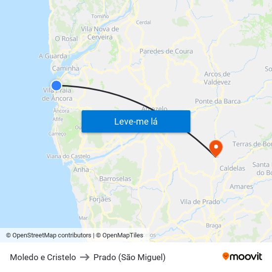 Moledo e Cristelo to Prado (São Miguel) map