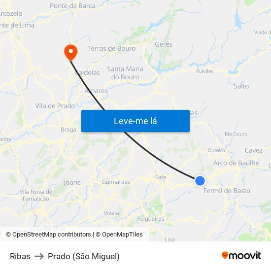 Ribas to Prado (São Miguel) map