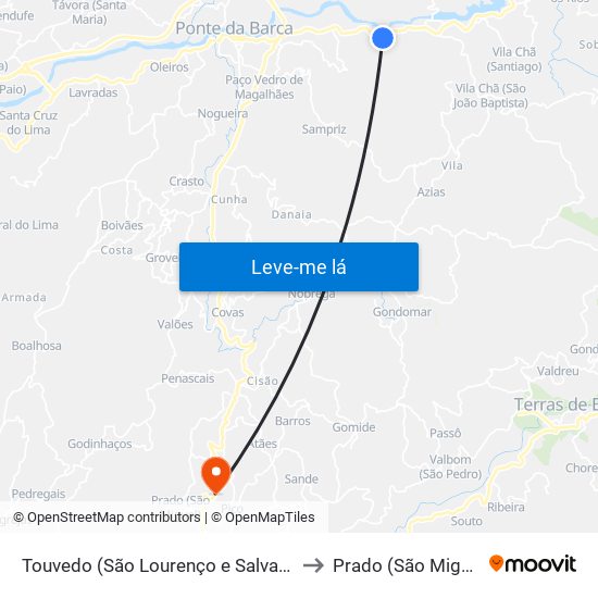 Touvedo (São Lourenço e Salvador) to Prado (São Miguel) map