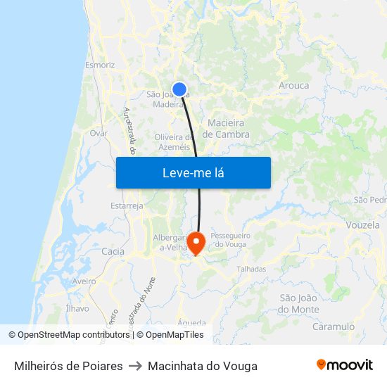 Milheirós de Poiares to Macinhata do Vouga map