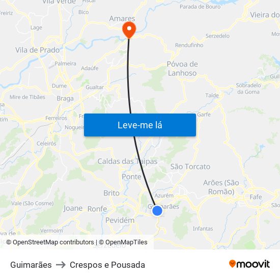 Guimarães to Crespos e Pousada map