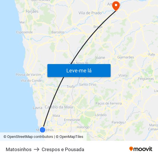 Matosinhos to Crespos e Pousada map