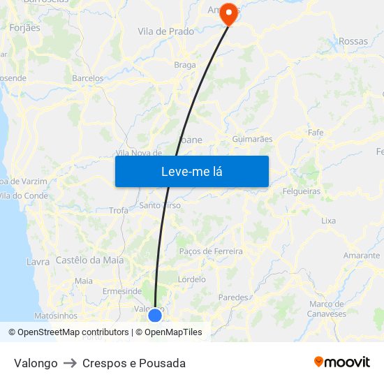 Valongo to Crespos e Pousada map