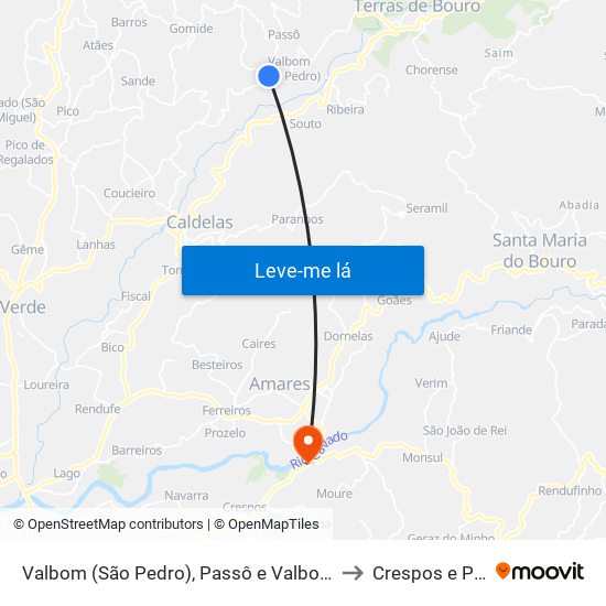 Valbom (São Pedro), Passô e Valbom (São Martinho) to Crespos e Pousada map