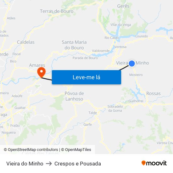 Vieira do Minho to Crespos e Pousada map