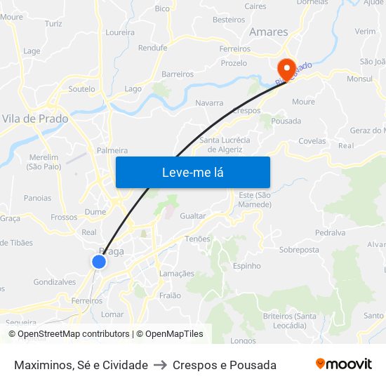 Maximinos, Sé e Cividade to Crespos e Pousada map