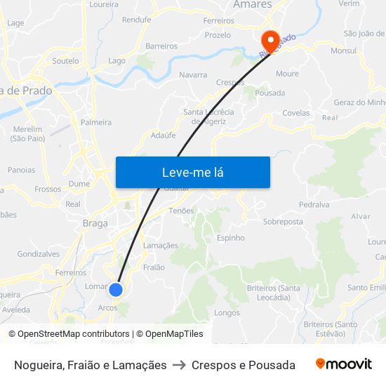 Nogueira, Fraião e Lamaçães to Crespos e Pousada map