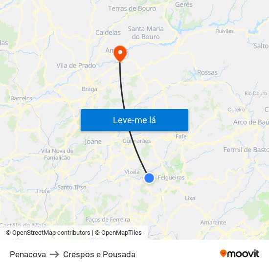 Penacova to Crespos e Pousada map