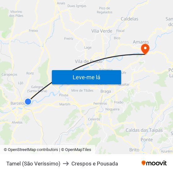 Tamel (São Veríssimo) to Crespos e Pousada map