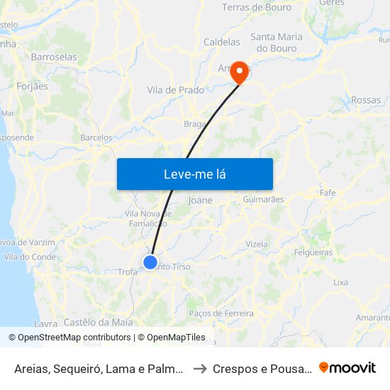 Areias, Sequeiró, Lama e Palmeira to Crespos e Pousada map