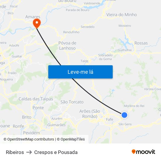 Ribeiros to Crespos e Pousada map