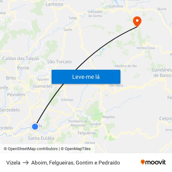 Vizela to Aboim, Felgueiras, Gontim e Pedraído map