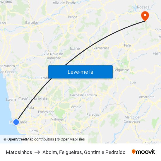 Matosinhos to Aboim, Felgueiras, Gontim e Pedraído map