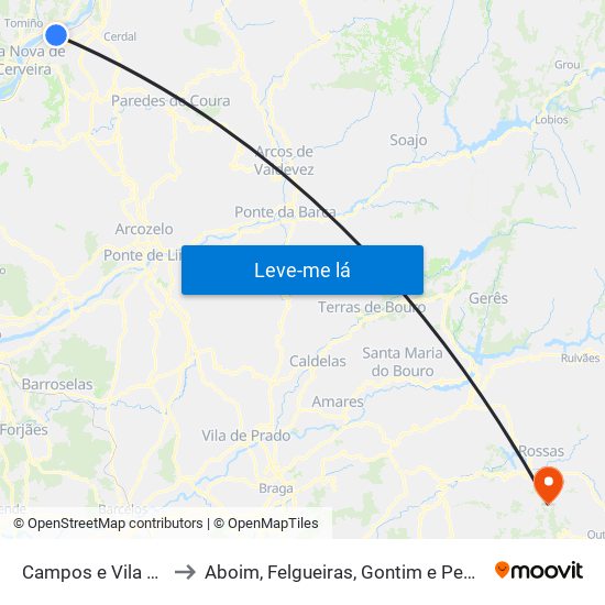 Campos e Vila Meã to Aboim, Felgueiras, Gontim e Pedraído map