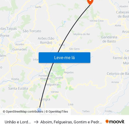 Unhão e Lordelo to Aboim, Felgueiras, Gontim e Pedraído map