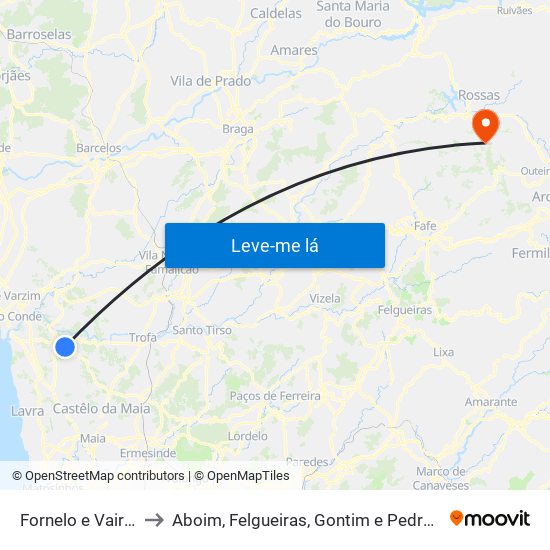 Fornelo e Vairão to Aboim, Felgueiras, Gontim e Pedraído map