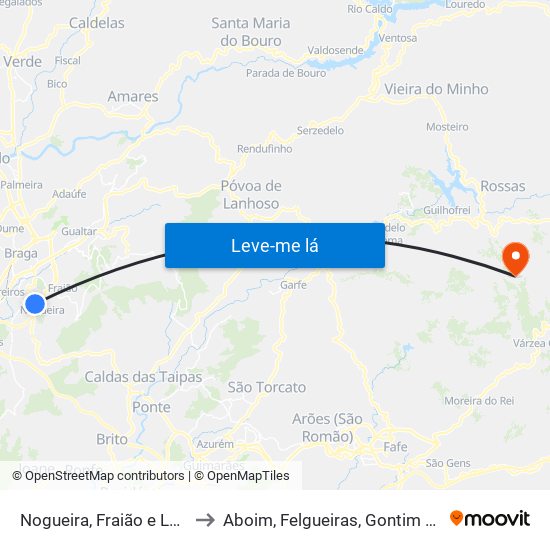 Nogueira, Fraião e Lamaçães to Aboim, Felgueiras, Gontim e Pedraído map