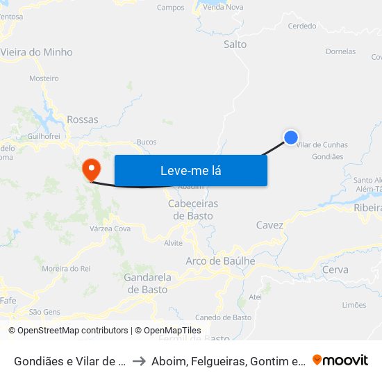 Gondiães e Vilar de Cunhas to Aboim, Felgueiras, Gontim e Pedraído map