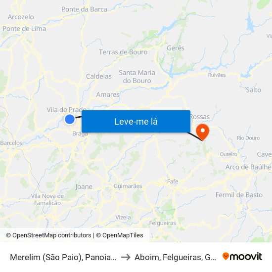 Merelim (São Paio), Panoias e Parada de Tibães to Aboim, Felgueiras, Gontim e Pedraído map