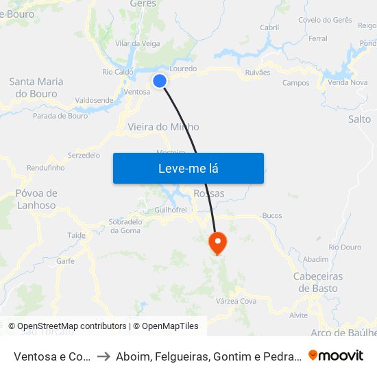 Ventosa e Cova to Aboim, Felgueiras, Gontim e Pedraído map