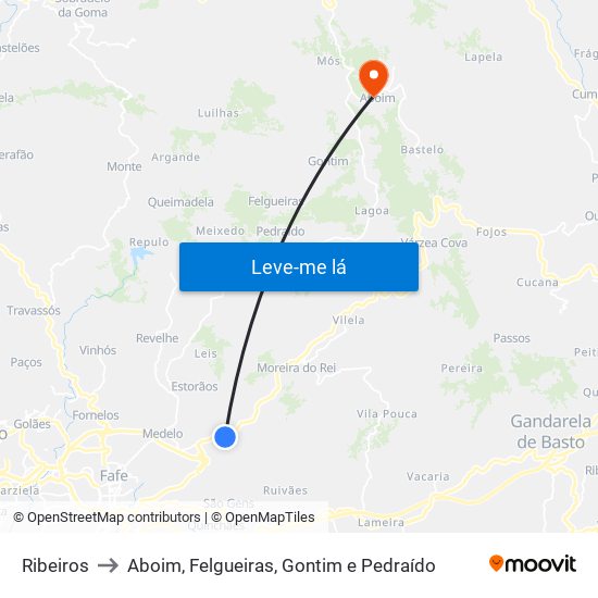 Ribeiros to Aboim, Felgueiras, Gontim e Pedraído map