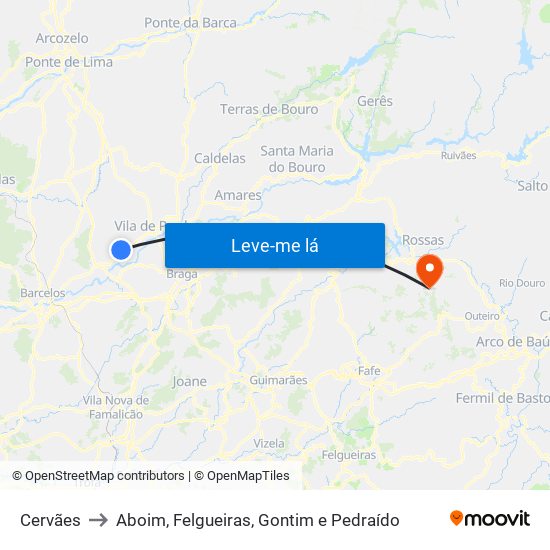 Cervães to Aboim, Felgueiras, Gontim e Pedraído map