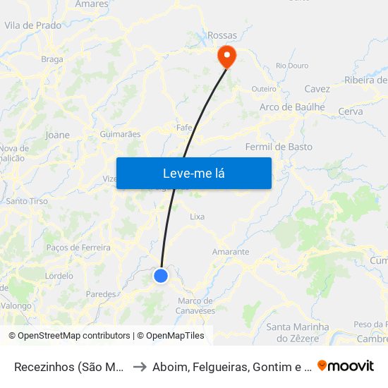 Recezinhos (São Mamede) to Aboim, Felgueiras, Gontim e Pedraído map