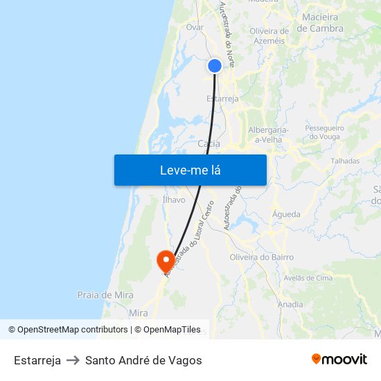 Estarreja to Santo André de Vagos map