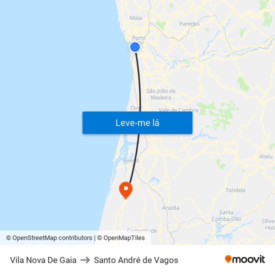 Vila Nova De Gaia to Santo André de Vagos map