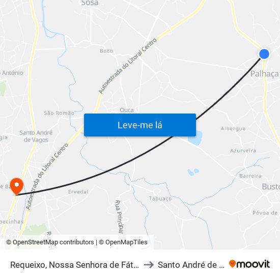 Requeixo, Nossa Senhora de Fátima e Nariz to Santo André de Vagos map