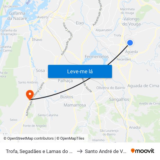 Trofa, Segadães e Lamas do Vouga to Santo André de Vagos map