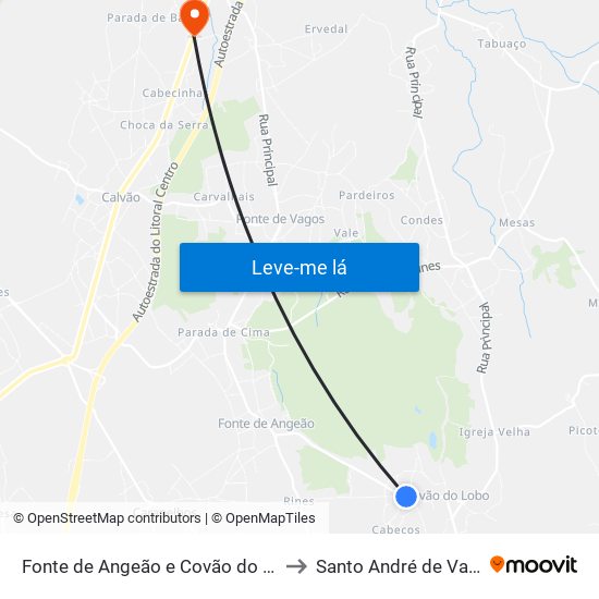 Fonte de Angeão e Covão do Lobo to Santo André de Vagos map