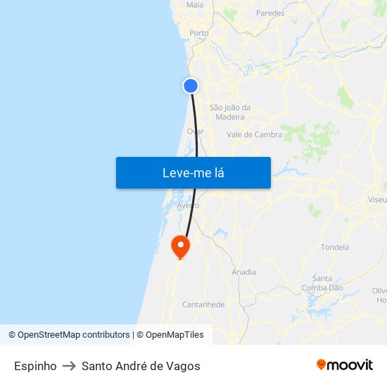 Espinho to Santo André de Vagos map
