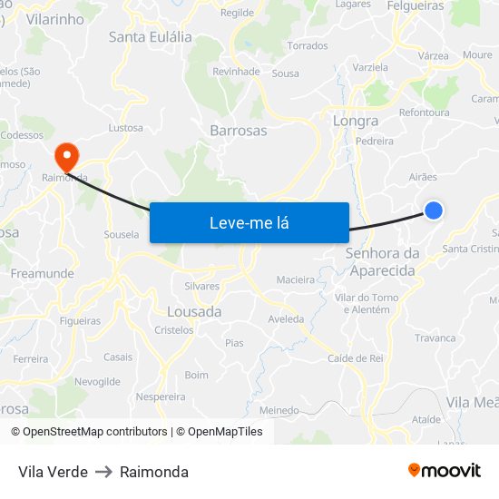 Vila Verde to Raimonda map