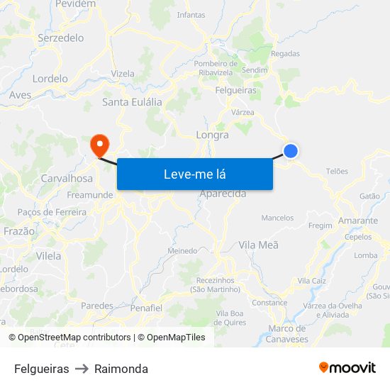 Felgueiras to Raimonda map