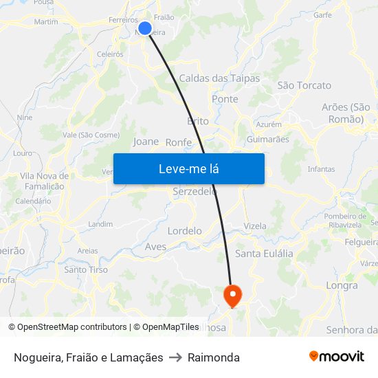 Nogueira, Fraião e Lamaçães to Raimonda map